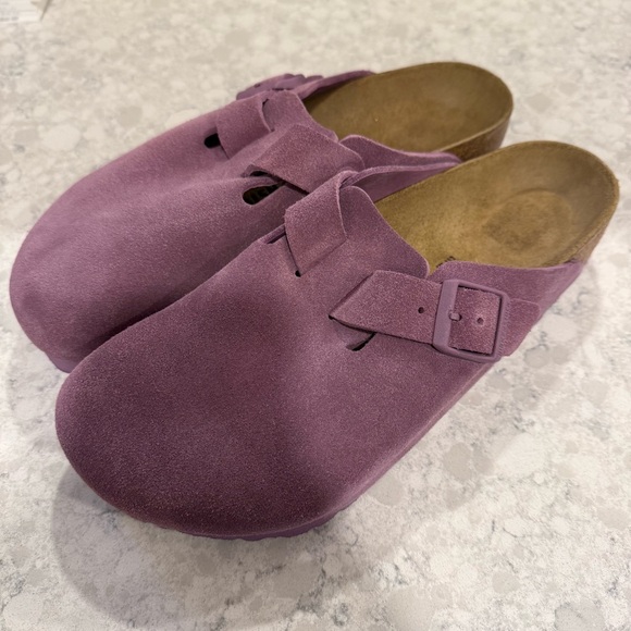 Birkenstock Shoes - Birkenstock Boston Mauve Suede Leather Clogs Classic Cork Footbed Slip On Sz 42